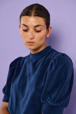 Sophia Lee Magda Puff Blouse / Denim blue velour