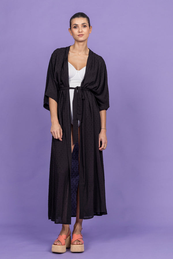 Sophia Lee Long Kimono dress / Black with dots